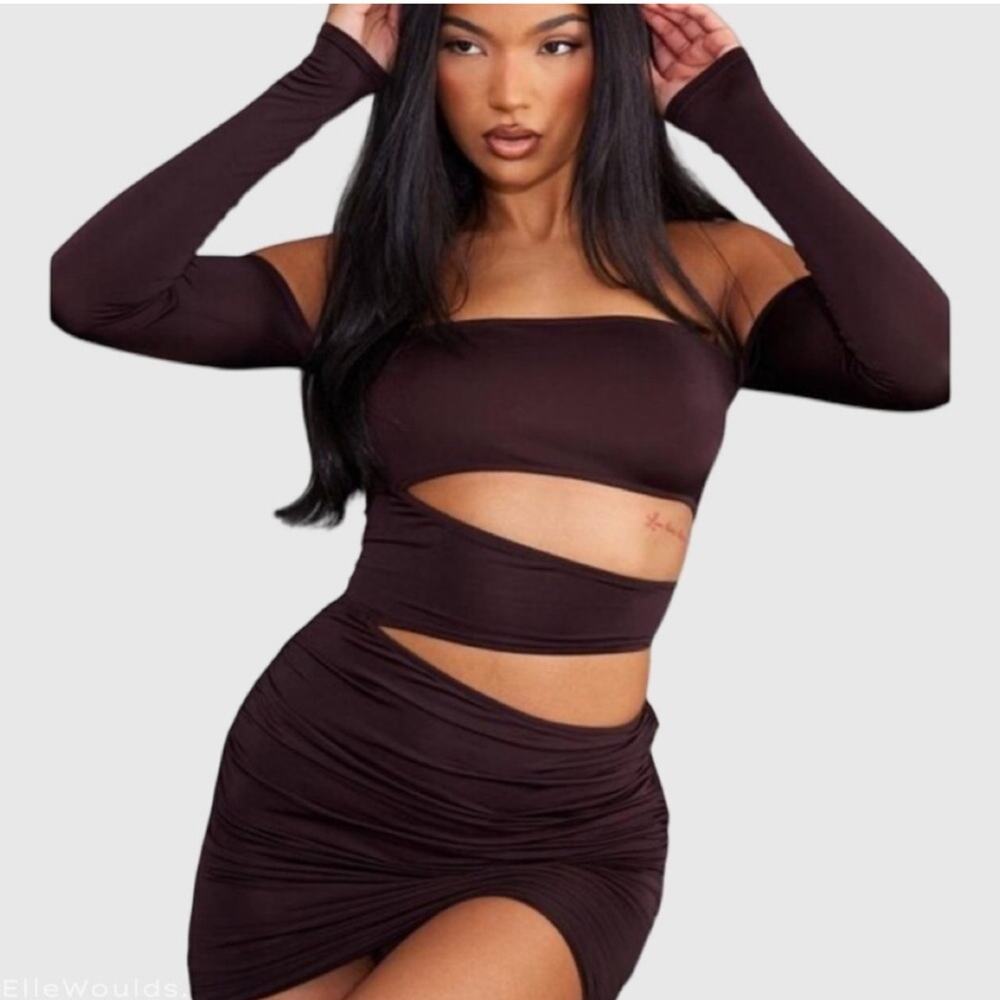 PrettyLittleThing Mini Dress Cutout Bodycon Chocolate Brown Size 0 and 4 NWT - Picture 3 of 5